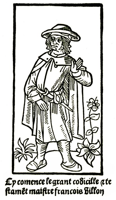 Ritratto apocrifo del poeta François Villon in “Il Grande Testamento” - “Cy comence le grant codicille & testamet maistre François Villon” (qui inizia il grande codicillo e testamento) edizione P Levet 1489 da French School