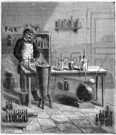 Apparecchio di Eugene Soubeyran (1797-1858) per la preparazione del bicarbonato di sodio - Incisione in 