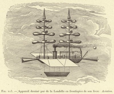 Apparecchio disegnato da de la Landelle nel frontespizio del suo libro: Aviazione da French School