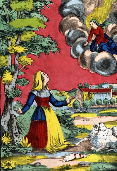 Apparizione della Beata Vergine alla Santa Suora Benoite, conosciuta come la Pastorella del Laus. Immagine di Epinal, prima metà del XIX secolo da French School