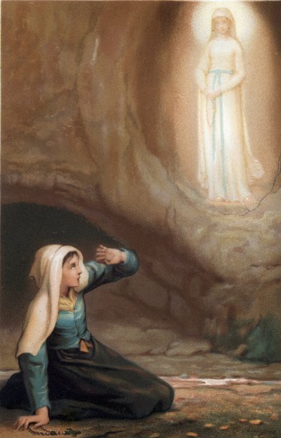 Apparizione della Vergine Maria a Bernadette Soubirous (1844-1879) nella grotta di Lourdes, Hautes Pyrenees (65) da French School