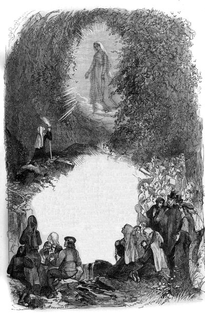 Apparizione della Vergine Maria a Bernadette Soubirous (1844-1879) nella grotta di Lourdes, Hautes Pyrenees (65) da French School
