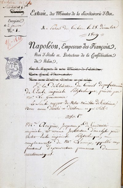 Nomina di Napoleone di André Marie Ampère come ispettore della Polytechnique - Menzione obbligatoria: Archivi della Bibl. de l