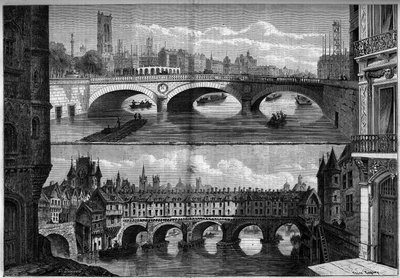 Architettura, Parigi: vedute del vecchio ponte au Change (1639-1647) nel 1660 e del nuovo ponte costruito nel 1860. Incisione in "Le Monde Illustré" n°184 del 20 ottobre 1860 da French School