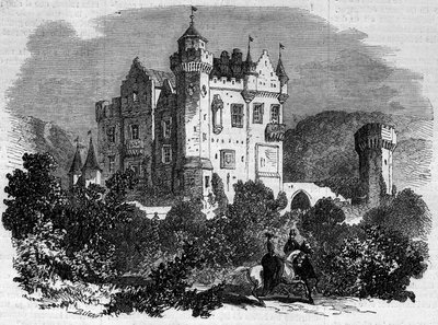 Architettura: vista esterna del castello di Abbotsford (1824), dove visse lo scrittore Walter Scott. Scozia da French School