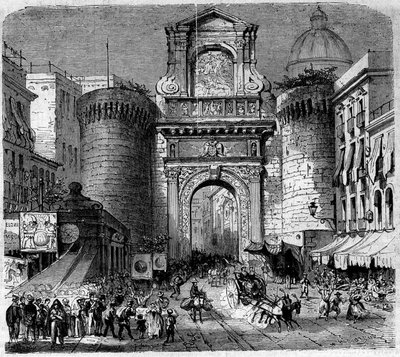 Architettura: vista della Porta Capuana (1484) a Napoli, durante l