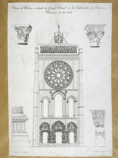 Architettura: veduta del grande portale della Cattedrale di Chartres - Monumento del XII secolo, tavola del XIX secolo da French School