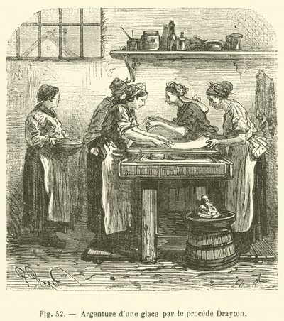 Argenture di uno specchio con il procedimento Drayton (incisione) da French School
