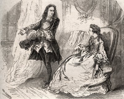 Armande Béjart (1641-1700), moglie di Jean Baptiste Poquelin detto Molière (1622-1673) con il suo amante, il conte di Guiche, Incisione del 1871 in "Histoire Des Cocus Célèbres" di Henry de Kock (1819-1892). da French School