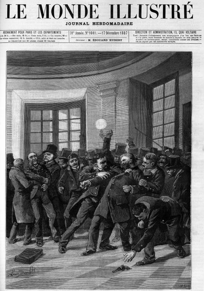Arresto di Aubertin dopo il suo tentativo di attentato a Jules Ferry al Palais Bourbon nel 1887. Copertina di "Il Mondo Illustrato" del 1887 da French School