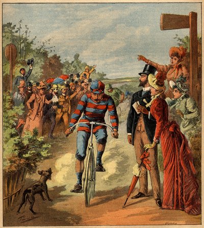 Arrivo di una corsa ciclistica nella campagna francese. Incisione in 