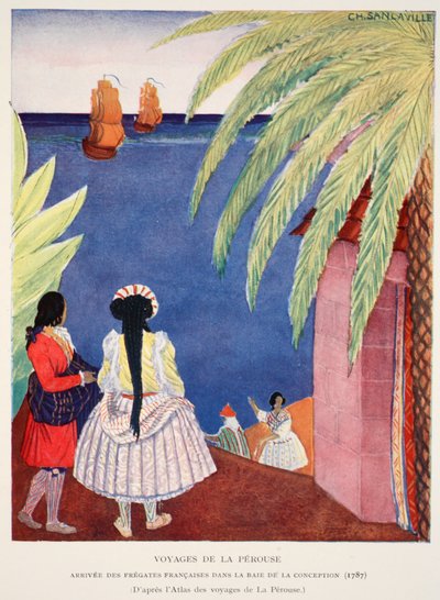 Arrivo delle fregate francesi nella Baia di Conception, Viaggi di Perouse, copia di M. Charles Sanlaville, illustrazione da Histoire de la Nation Francaise di Gabriel Hanotaux da French School