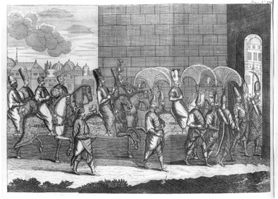 Arrivo del sultano Mustafa a Costantinopoli, da Voyages de Sr A. de la Motraye en Europe, Asie et Afrique, pubblicato nel 1727 da French School