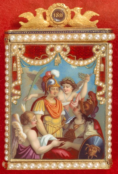 Arte francese: taccuino nella sua custodia con allegoria alla nascita del re di Roma (Napoleone II, figlio dell