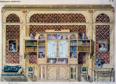 Biblioteca in stile Art Nouveau, illustrazione dalla rivista Interieurs Modernes da French School