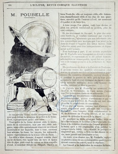 Articolo e vignetta su Eugene Poubelle (1831-1907), prefetto della Senna e inventore dei bidoni della spazzatura nel 1884. 10/04/1885. Parigi, prefettura di polizia da French School