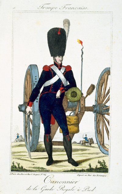Artigliere della Guardia Reale con un cannone, da Troupes Francaises, pub. chez Basset, Parigi, c.1790 da French School