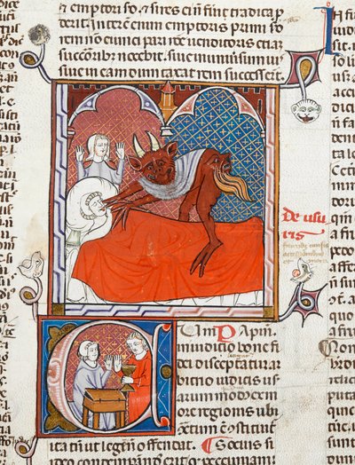 Un diavolo o demone sul letto di una persona morta, illustrazione da Digestum Vetus con gloss ordinaria, di Giustiniano, c.1300-10 da French School