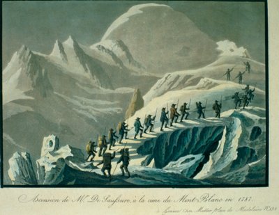 Ascesa del Sig. De Saussure alla vetta del Monte Bianco nel 1787, da A Narrative of an Ascent to the Summit of Mont Blanc di Charles Fellows, pubblicato nel 1827 da French School