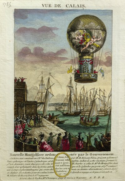 Ascesa di una mongolfiera a Calais nel 1785 da French School