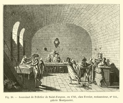 Assassinio di Pelletier de Saint-Fargeau, nel 1793, da Fevrier, ristoratore, n. 114, galleria Montpensier da French School