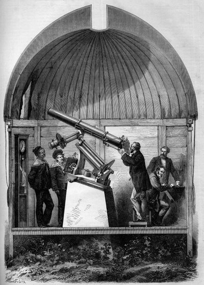Astronomia: cannocchiale astronomico francese trasportato a Yokohama (Giappone) per osservare il passaggio del pianeta Venere davanti al Sole. Incisione in "Le Monde Illustré" n. 904 dell