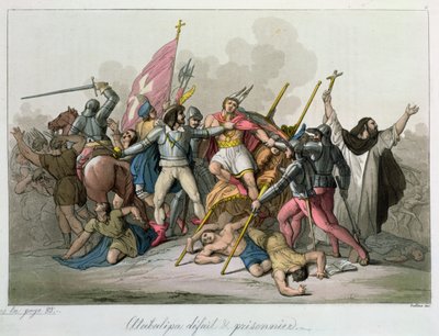 Atahualpa (c.1502-33) sconfitto e fatto prigioniero dalle truppe di Francisco Pizarro (c.1478-1541) 1820 da French School