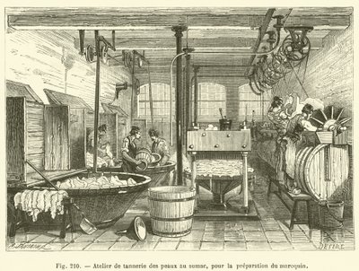 Officina di concia delle pelli al sommacco, per la preparazione del marocchino da French School