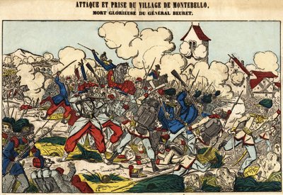 Attacco e cattura del villaggio di Montebello, la gloriosa morte del Generale Beuret nel 1859. Immagine di Epinal da French School