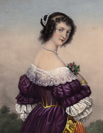 Ragazza attraente in abito viola con rifiniture in pizzo da French School