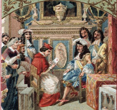 Udienza concessa al Legato nella stanza del re (Luigi XIV?) al castello di Versailles. Cromolitografia della fine del XIX secolo da French School