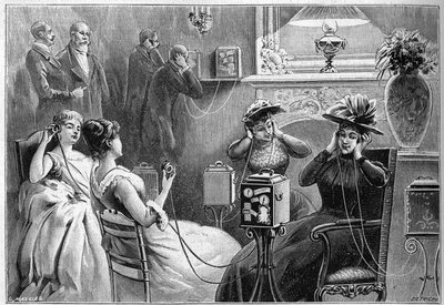 Audizione del Teatrografo (audizioni teatrali a casa) nel salone di un grande hotel a Parigi nel 1892 da French School