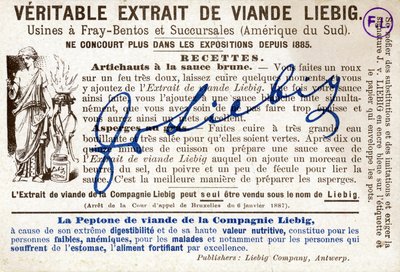 Retro della carta Liebig con la ricetta dei carciofi con salsa marrone da French School