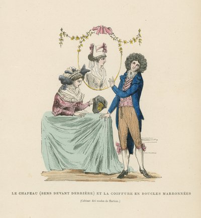 Cappello al contrario e acconciatura riccia da French School
