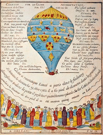 Volo in mongolfiera: esperienza dei fratelli Montgolfier il 19 ottobre 1783 nel giardino di Monsieur Reveillon, faubourg Saint Antoine a Parigi. Incisione d