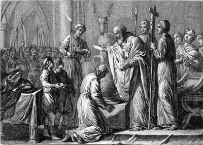 Battesimo di Clodoveo I, 25 dicembre 496: il re dei Franchi (466-511) è battezzato da San Remigio (437-533), vescovo di Reims, nella chiesa di San Martino. Incisione del XVIII secolo da French School