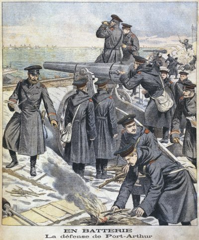 Batteria, difesa di Port Arthur, illustrazione da le Petit Journal: Supplement Illustre, 27 marzo 1904 da French School