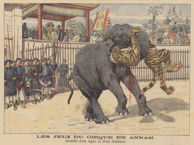 Battaglia tra un elefante e una tigre in un circo ad Annam, in Indocina (litografia a colori) da French School