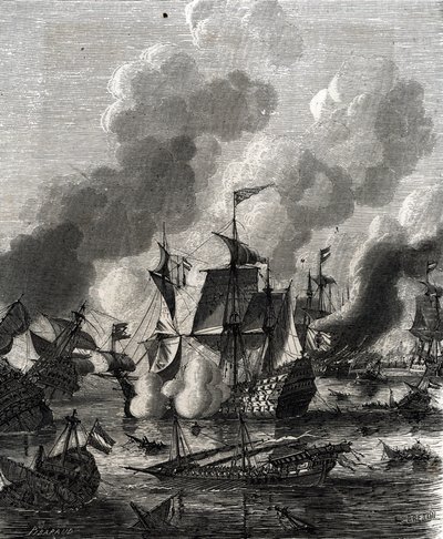 La Battaglia di Lagos fu una battaglia navale durante la Guerra dei Nove Anni il 27 giugno 1693 (incisione) da French School