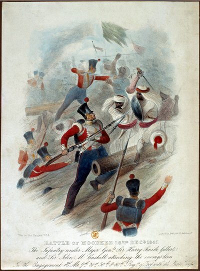 Battaglia di Moodkee, 18 dicembre 1845, n. 4 da Guerra nel Punjab, inciso da W. Kohler dopo LEnfant Bros., pubblicato da William Spooner, c.1845 da French School