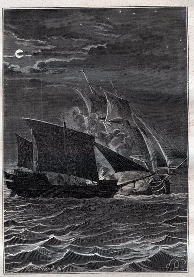 Battaglia tra la Swallow e un pirata malese: La nave Swallow di Philip Carteret (1733-1796) combatté con una nave pirata malese nelle acque indonesiane nel 1767 - illustrazione da 