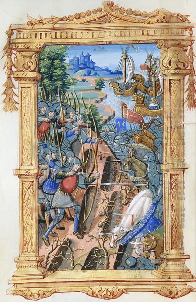 Scena di battaglia tra arcieri e cavalleria, con castello e navi, c.1495-1500 da French School