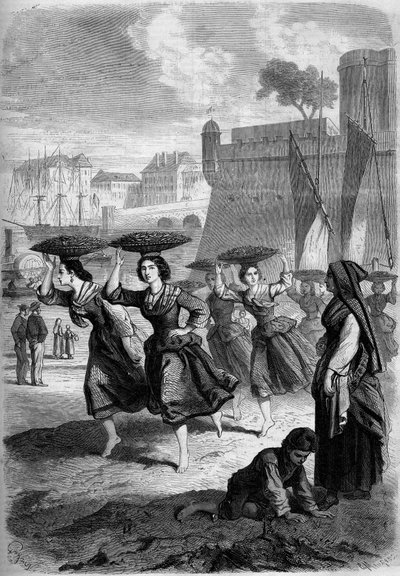 Mercanti di sardine di Bayonne in viaggio verso Biarritz, Pirenei Atlantici (64) da French School