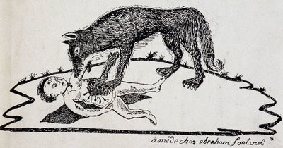 Bestia che strappa un bambino (bestia del Gévaudan) - incisione su legno pubblicata a Mende (Archives du Puy-de-Dôme) da French School