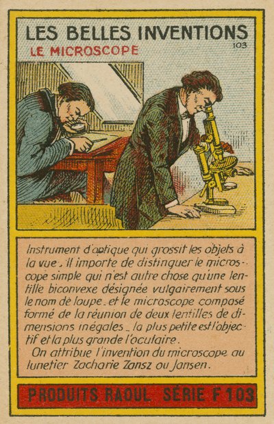 Carta delle belle invenzioni, microscopio da French School