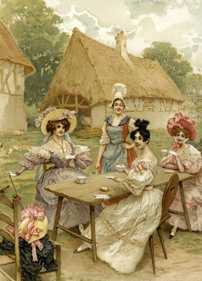 Belle donne ricche che prendono il tè in una fattoria da French School