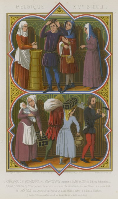 Rappresentazioni belghe del XIV secolo di contadini, borghesi, gente comune e un muratore da French School