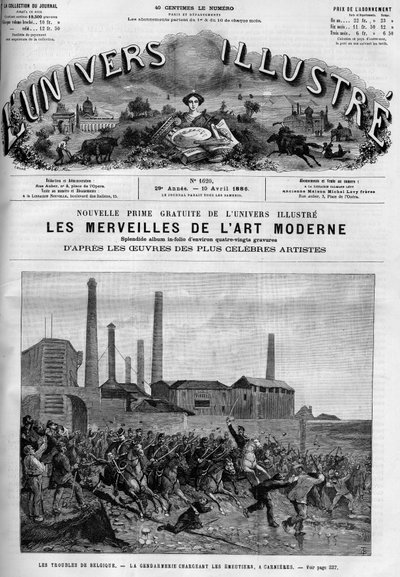 Sciopero dei lavoratori belgi: la polizia carica i cavalieri a Carnieres. Un giornale. Incisione in "Le Monde Illustré" da French School