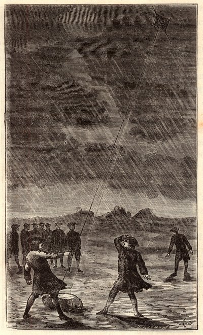 Esperimento con il fulmine di Benjamin Franklin - Esperimento di Benjamin Franklin (1706-1790) che fa volare un aquilone per dimostrare la natura elettrica del fulmine. Incisione colorata del XIX secolo. Incisione in 