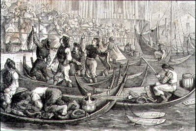 Mercato del pesce di Bergen negli anni 1860 (incisione) da French School